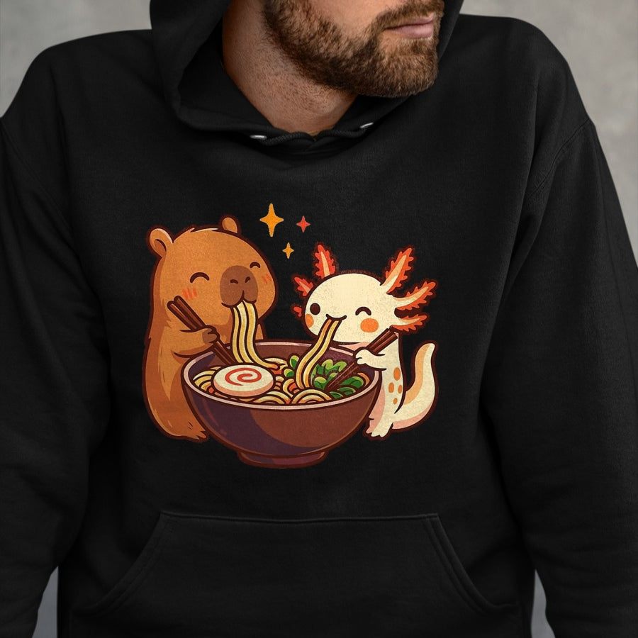 Cute Capybara Shirt, Funny Capybara Unisex T-Shirt/Hoodie/Sweatshirt HLT00 - Capybara with Axolotl Eats Noodles Ramen Kawaii T-Shirt, Men, Black, 3X-Large