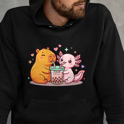 Cute Capybara Shirt, Funny Capybara Unisex T-Shirt/Hoodie/Sweatshirt HLT00 - Cute Capybara and Axolotl Bubble Tea Boba Girls Kawaii T-Shirt