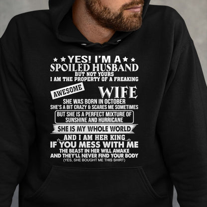 Best Wife Shirt, Wife and Husband Unisex T-Shirt/Hoodie/Sweatshirt HLT00 - I'm A Spoiled Husband Of A Freaking Awesome Wife OCTOBER Long Sleeve T-Shirt