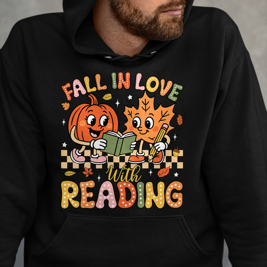 Best Teacher Shirt, Funny Teacher UnisexT-Shirt/Hoodie/Sweatshirt HLT00 - Fall in Love with Reading Autumn Pumpkin Teacher Book Lover T-Shirt