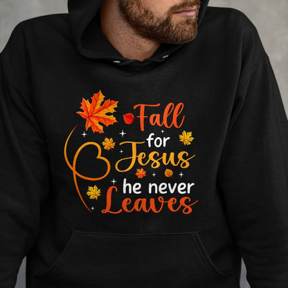 Best Thanksgiving Family Shirt , Funny Thanksgiving UnisexT-Shirt/Hoodie/Sweatshirt HLT00 - Fall for Jesus He Never Leaves Christian Faith Cross Pumpkin T-Shirt