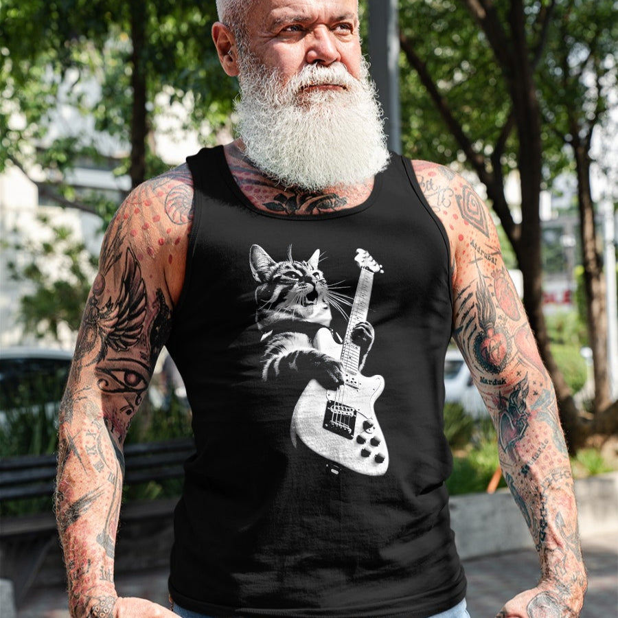 Guitar Lover Shirt, Funny Guitar UnisexT-Shirt/Hoodie/Sweatshirt HLT00 - Rock Cat Playing Guitar - Funny Guitar Cat T-Shirt, Men, Black, 3X-Large