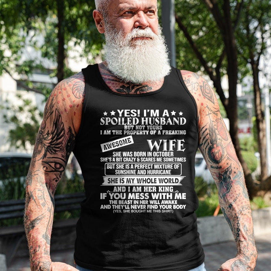 Best Wife Shirt, Wife and Husband Unisex T-Shirt/Hoodie/Sweatshirt HLT00 - I'm A Spoiled Husband Of A Freaking Awesome Wife OCTOBER Long Sleeve T-Shirt