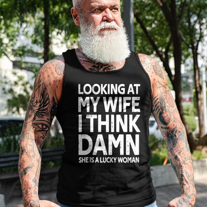 Best Wife Shirt, Wife and Husband Unisex T-Shirt/Hoodie/Sweatshirt HLT00 - Gift for wife T shirt, lucky wife   Funny My Wife Is A Lucky Woman Husband Gift Wife Themed Gift Tan