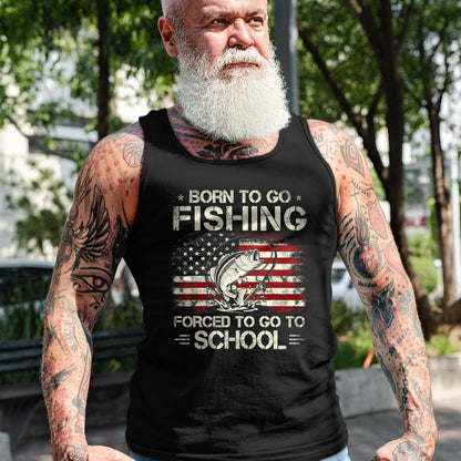 Funny Fishing Shirt, Gift For Fishing Lover Unisex T-Shirt/Hoodie/Sweatshirt HLT00 - Born to Go Fishing Forced to Go to School Bass Fishing Flag T-Shirt