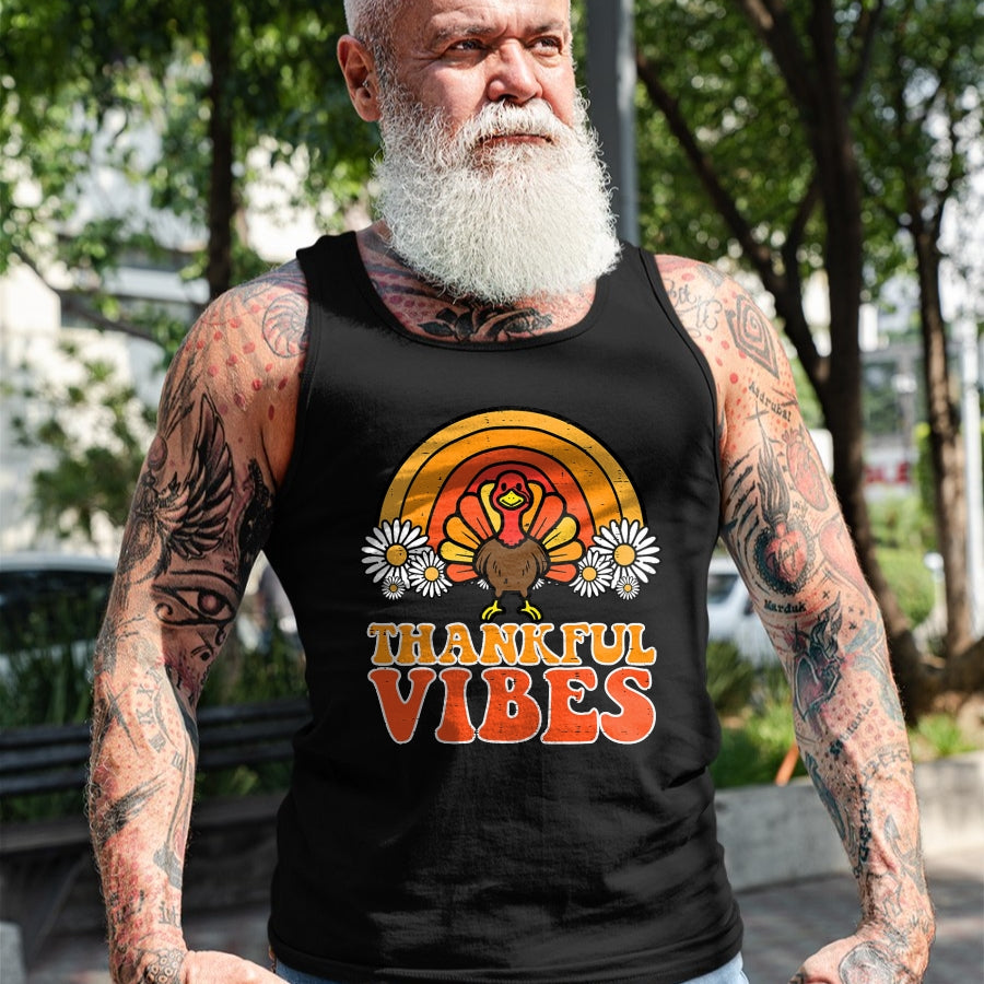 Best Thanksgiving Family Shirt , Funny Thanksgiving UnisexT-Shirt/Hoodie/Sweatshirt HLT00 - Thankful Vibes Turkey Rainbow Funny Retro Thanksgiving Women T-Shirt