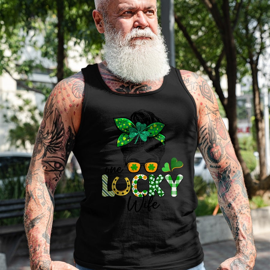 Best Wife Shirt, Wife and Husband Unisex T-Shirt/Hoodie/Sweatshirt HLT00 - Gift for wife T shirt, lucky wife   One Lucky Wife Messy Bun Irish St Patricks Day Shamrock T-Shirt