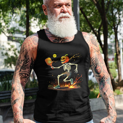 Funny Pickleball Shirt, Pickleball Lover Unisex T-Shirt/Hoodie/Sweatshirt HLT00 - Pumpkin Head Skeleton Pickleball Halloween Spooky Sports T-Shirt