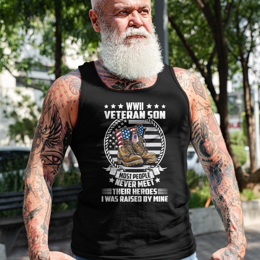 Proud Veteran Shirt, Funny Veteran UnisexT-Shirt/Hoodie/Sweatshirt HLT00 - Proud Son of WWII Veteran World War 2 Vet Flag US T-Shirt