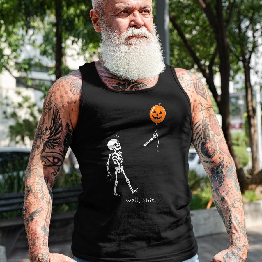 Best Thanksgiving Family Shirt , Funny Thanksgiving UnisexT-Shirt/Hoodie/Sweatshirt HLT00 - Well Shit Skeleton Holding Balloon Pumpkin Gothic Halloween T-Shirt, Men, Black, X-Large