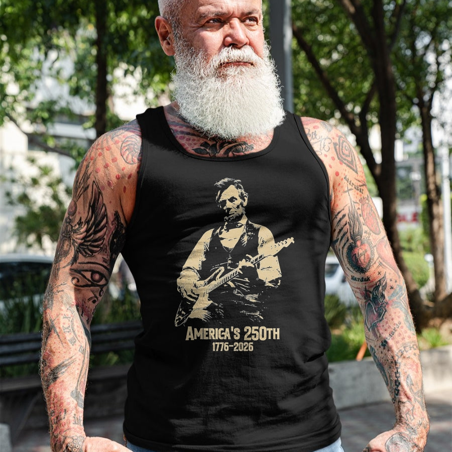 Guitar Lover Shirt, Funny Guitar UnisexT-Shirt/Hoodie/Sweatshirt HLT00 - Abraham Lincoln Playing Guitar 4th July 250th Anniversary T-Shirt, Men, Black, 3X-Large