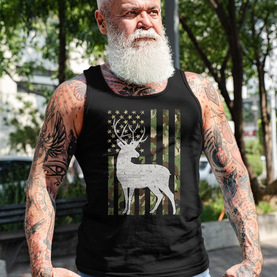 Funny Hunting Shirt, Gift For Hunting Lover Unisex T-Shirt/Hoodie/Sweatshirt HLT00 - Whitetail Buck Deer Hunting Camouflage USA Flag 4th of July T-Shirt