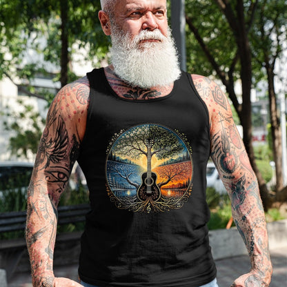 Guitar Lover Shirt, Funny Guitar UnisexT-Shirt/Hoodie/Sweatshirt HLT00 - Acoustic Guitar by the Lake Seasons Nature Music T-Shirt, Men, Black, X-Large