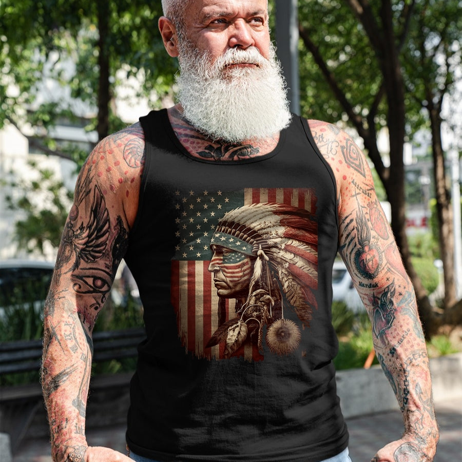 Native American T-Shirts, Vintage Native American Unisex T-Shirt/Hoodie/Sweatshirt HLT00 - Native American Indian Chief American USA Flag (1)