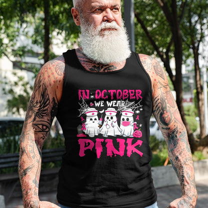Funny Nurse Shirt, Nurse Unisex T-Shirt/Hoodie/Sweatshirt HLT00 - In October We Wear Pink Nurse Ghost Halloween Breast Cancer T-Shirt