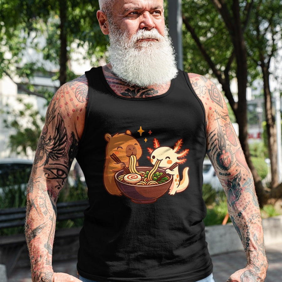 Cute Capybara Shirt, Funny Capybara Unisex T-Shirt/Hoodie/Sweatshirt HLT00 - Capybara with Axolotl Eats Noodles Ramen Kawaii T-Shirt, Men, Black, 3X-Large