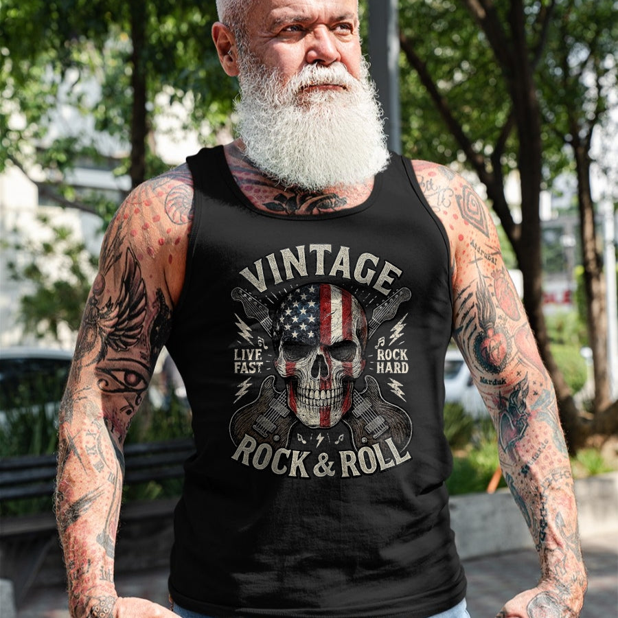 Guitar Lover Shirt, Funny Guitar UnisexT-Shirt/Hoodie/Sweatshirt HLT00 - Vintage Rock Skull American Flag Guitar Retro Rock and Roll T-Shirt, Men, Black, Large