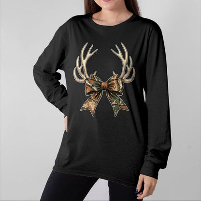 Funny Hunting Shirt, Gift For Hunting Lover Unisex T-Shirt/Hoodie/Sweatshirt HLT00 - Camo Coquette Bow Deer Antlers Hunting Women Girl Camouflage T-Shirt