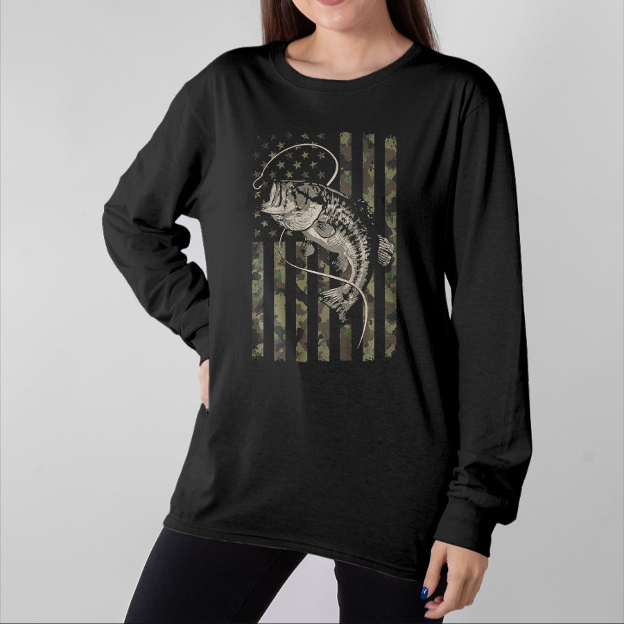 Funny Fishing Shirt, Gift For Fishing Lover Unisex T-Shirt/Hoodie/Sweatshirt HLT00 - Fishing Camo American Flag Bass Fish (Design on Back) T-Shirt
