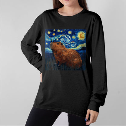 Cute Capybara Shirt, Funny Capybara Unisex T-Shirt/Hoodie/Sweatshirt HLT00 - Capybara Van Gogh Style Starry Night T-Shirt