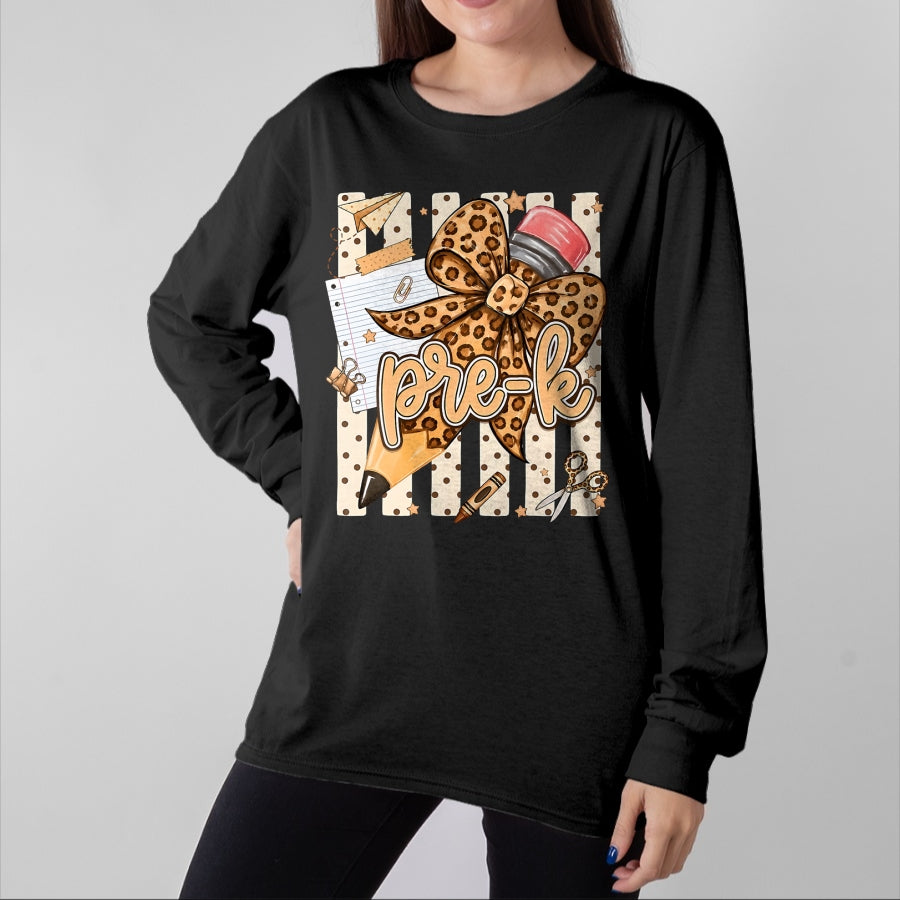 Best Teacher Shirt, Funny Teacher UnisexT-Shirt/Hoodie/Sweatshirt HLT00 - Preppy Leopard Pencil Bow Pre K Teacher Back to School T-Shirt
