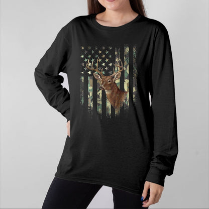 Funny Hunting Shirt, Gift For Hunting Lover Unisex T-Shirt/Hoodie/Sweatshirt HLT00 - (Art on Back) American Flag Deer Hunting Camo T-Shirt