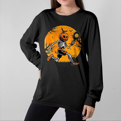 Funny Pickleball Shirt, Pickleball Lover Unisex T-Shirt/Hoodie/Sweatshirt HLT00 - Halloween Pickleball Pumpkin Skeleton Pickleball Halloween T-Shirt