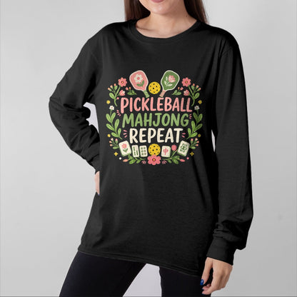 Funny Pickleball Shirt, Pickleball Lover Unisex T-Shirt/Hoodie/Sweatshirt HLT00 - Women's Pickleball Mahjong Repeat Funny Game Lover Men Women V-Neck T-Shirt