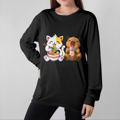 Cute Capybara Shirt, Funny Capybara Unisex T-Shirt/Hoodie/Sweatshirt HLT00 - Cute Cat Capybara Ramen Boba Kawaii Anime Noodle Bubble Tea T-Shirt