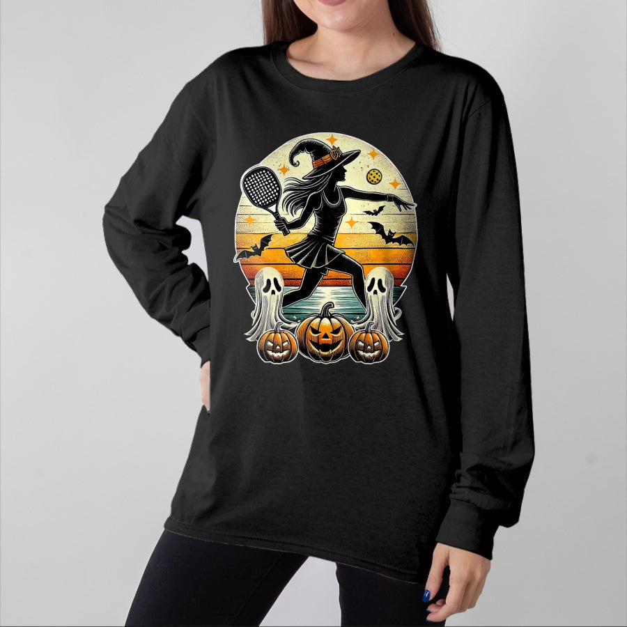 Funny Pickleball Shirt, Pickleball Lover Unisex T-Shirt/Hoodie/Sweatshirt HLT00 - Womens Pickleball Halloween Witch Playing - Jackolantern Ghost V-Neck T-Shirt