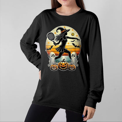 Funny Pickleball Shirt, Pickleball Lover Unisex T-Shirt/Hoodie/Sweatshirt HLT00 - Womens Pickleball Halloween Witch Playing - Jackolantern Ghost V-Neck T-Shirt