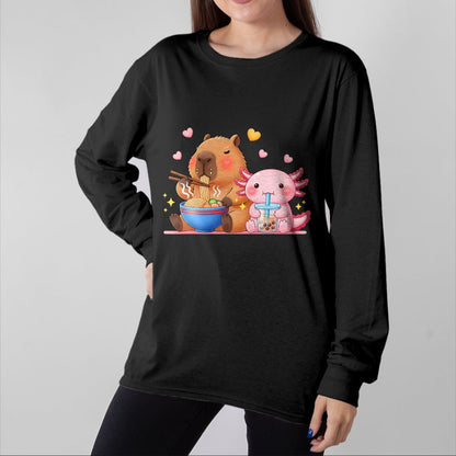 Cute Capybara Shirt, Funny Capybara Unisex T-Shirt/Hoodie/Sweatshirt HLT00 - Cute Capybara Ramen and Axolotl Boba Kawaii Boys Girls Kids T-Shirt