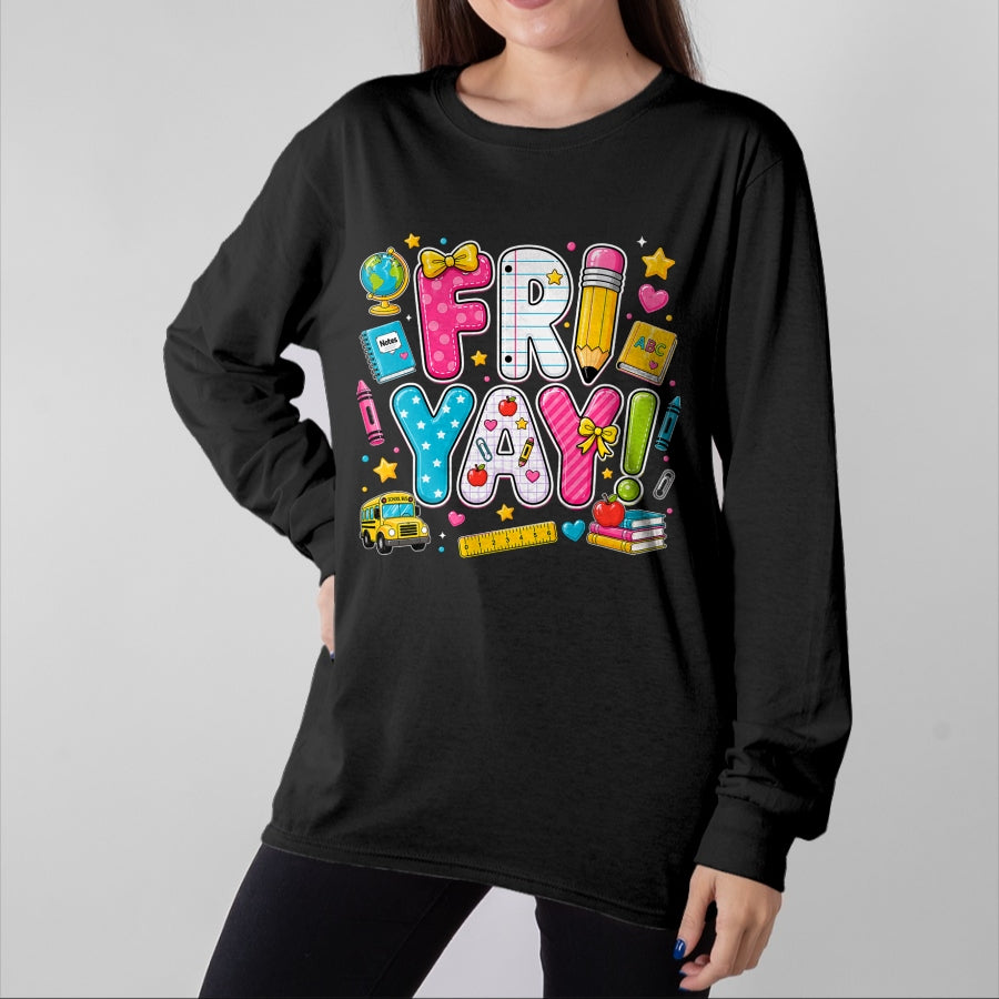 Best Teacher Shirt, Funny Teacher UnisexT-Shirt/Hoodie/Sweatshirt HLT00 - Happy Fri-Yay Friday Coquette Bow Teacher Back to School T-Shirt