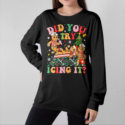 Funny Nurse Shirt, Nurse Unisex T-Shirt/Hoodie/Sweatshirt HLT00 - Retro ICU Nurse Christmas Gingerbread Did You Try Icing It T-Shirt (1)