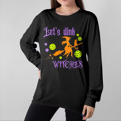 Funny Pickleball Shirt, Pickleball Lover Unisex T-Shirt/Hoodie/Sweatshirt HLT00 - Womens Halloween Pickleball Let's Dink Witches V-Neck T-Shirt