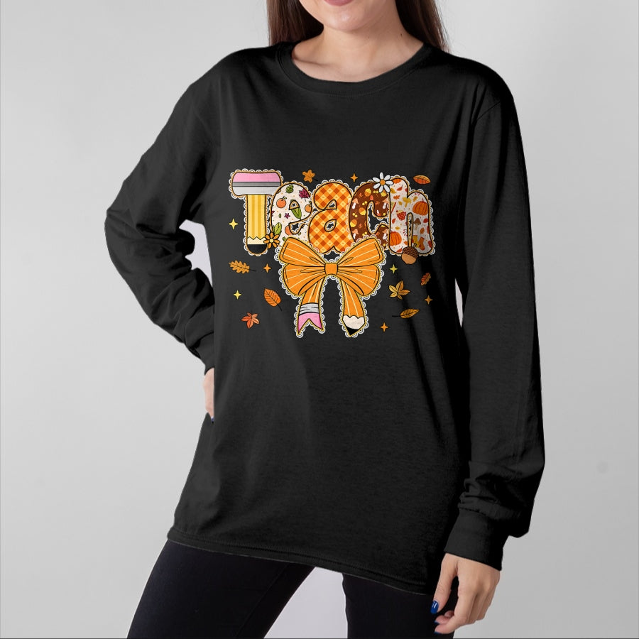 Best Teacher Shirt, Funny Teacher UnisexT-Shirt/Hoodie/Sweatshirt HLT00 - Thanksgiving Teacher Pencil Bow One Thankful Teacher Fall T-Shirt