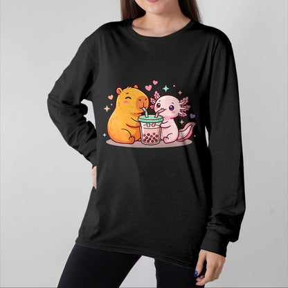 Cute Capybara Shirt, Funny Capybara Unisex T-Shirt/Hoodie/Sweatshirt HLT00 - Cute Capybara and Axolotl Bubble Tea Boba Girls Kawaii T-Shirt