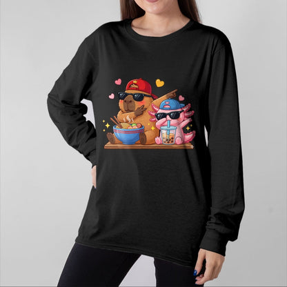 Cute Capybara Shirt, Funny Capybara Unisex T-Shirt/Hoodie/Sweatshirt HLT00 - Cute Dabbing Capybara Axolotl Boba Tea Ramen Boys Girls Kids T-Shirt