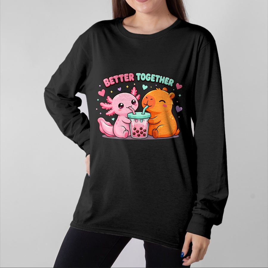 Cute Capybara Shirt, Funny Capybara Unisex T-Shirt/Hoodie/Sweatshirt HLT00 - Cute Capybara and Axolotl Bubble Tea Boba Girls Kawaii Anime T-Shirt (2)