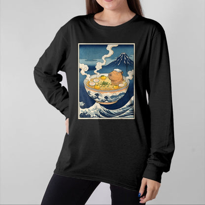 Cute Capybara Shirt, Funny Capybara Unisex T-Shirt/Hoodie/Sweatshirt HLT00 - Cute Capybara Ramen Mt Fuji Ukiyo-e Great Wave Japanese Art T-Shirt