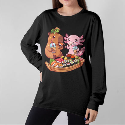 Cute Capybara Shirt, Funny Capybara Unisex T-Shirt/Hoodie/Sweatshirt HLT00 - Cute Capybara Axolotl Sushi Nigiri Bubble Tea Anime Food T-Shirt