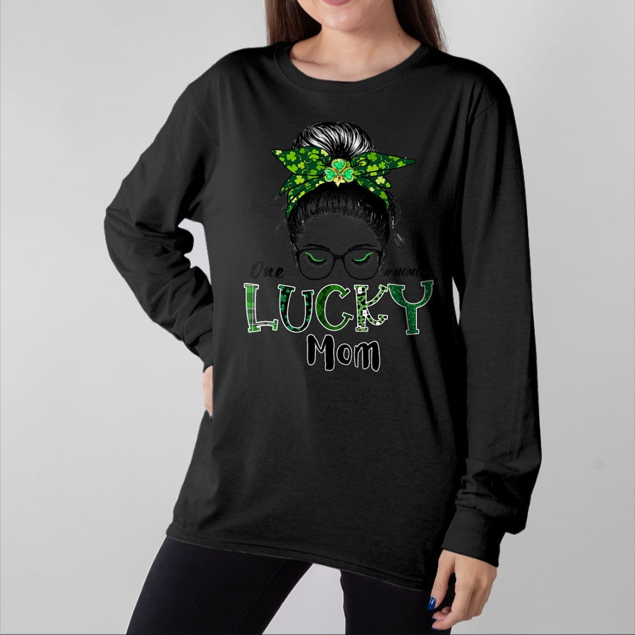 Gift for Mom Shirt, Funny Mom Unisex T-Shirt/Hoodie/Sweatshirt HLT00 - One Lucky Mom St Patricks Day Shamrock Messy Bun T-Shirt