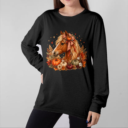 Best Horse Lover Shirt , Funny Horse UnisexT-Shirt/Hoodie/Sweatshirt HLT00 - Cute Horse Pumpkin Coquette Bow Autumn Fall Equestrian T-Shirt