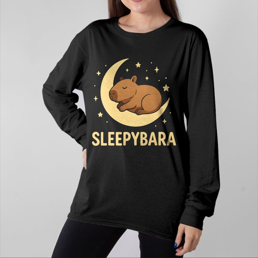 Cute Capybara Shirt, Funny Capybara Unisex T-Shirt/Hoodie/Sweatshirt HLT00 - Cute Sleepybara Funny Capybara Sleeping on Moon Graphic T-Shirt