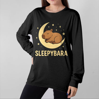 Cute Capybara Shirt, Funny Capybara Unisex T-Shirt/Hoodie/Sweatshirt HLT00 - Cute Sleepybara Funny Capybara Sleeping on Moon Graphic T-Shirt