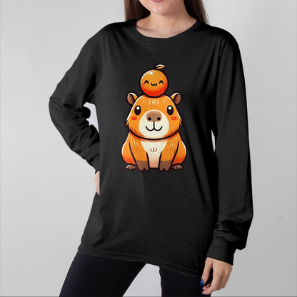 Cute Capybara Shirt, Funny Capybara Unisex T-Shirt/Hoodie/Sweatshirt HLT00 - Kawaii Capybara Orange Long Sleeve T-Shirt