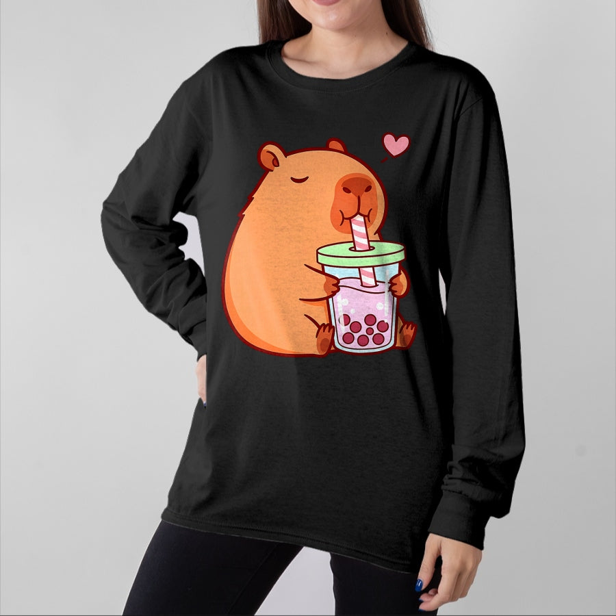 Cute Capybara Shirt, Funny Capybara Unisex T-Shirt/Hoodie/Sweatshirt HLT00 - Cute Capybara Kawaii Anime Girls Drinking Boba Tea Lover T-Shirt