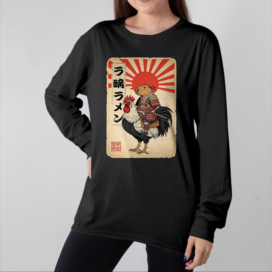 Cute Capybara Shirt, Funny Capybara Unisex T-Shirt/Hoodie/Sweatshirt HLT00 - Vintage Japanese Samurai Capybara Rooster Chicken Anime T-Shirt