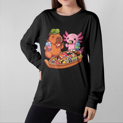 Cute Capybara Shirt, Funny Capybara Unisex T-Shirt/Hoodie/Sweatshirt HLT00 - Kawaii Capybara Axolotl Sushi Nigiri Chopsticks Anime Food T-Shirt