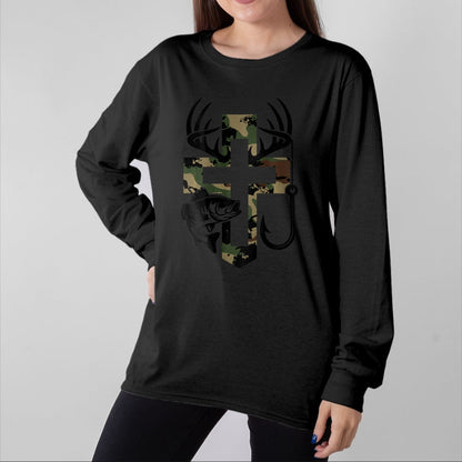 Funny Hunting Shirt, Gift For Hunting Lover Unisex T-Shirt/Hoodie/Sweatshirt HLT00 - Youth Camo Faith Hunting Fishing Cross Hook Christian Jesus T-Shirt